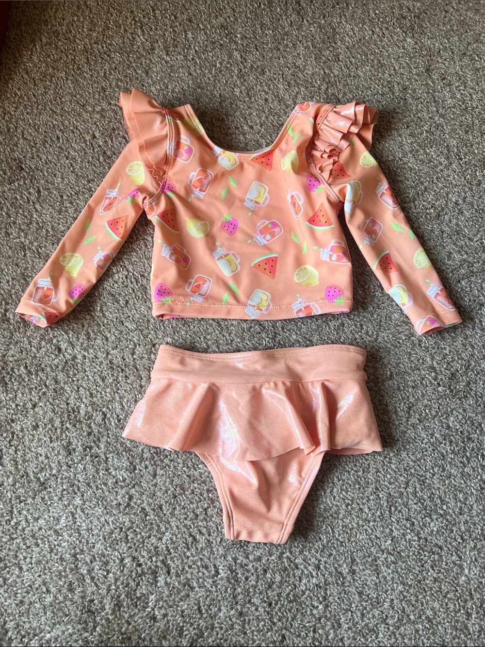Peach Long-Sleeve Ruffle Kids Rashguard Set - Picture 3 of 3